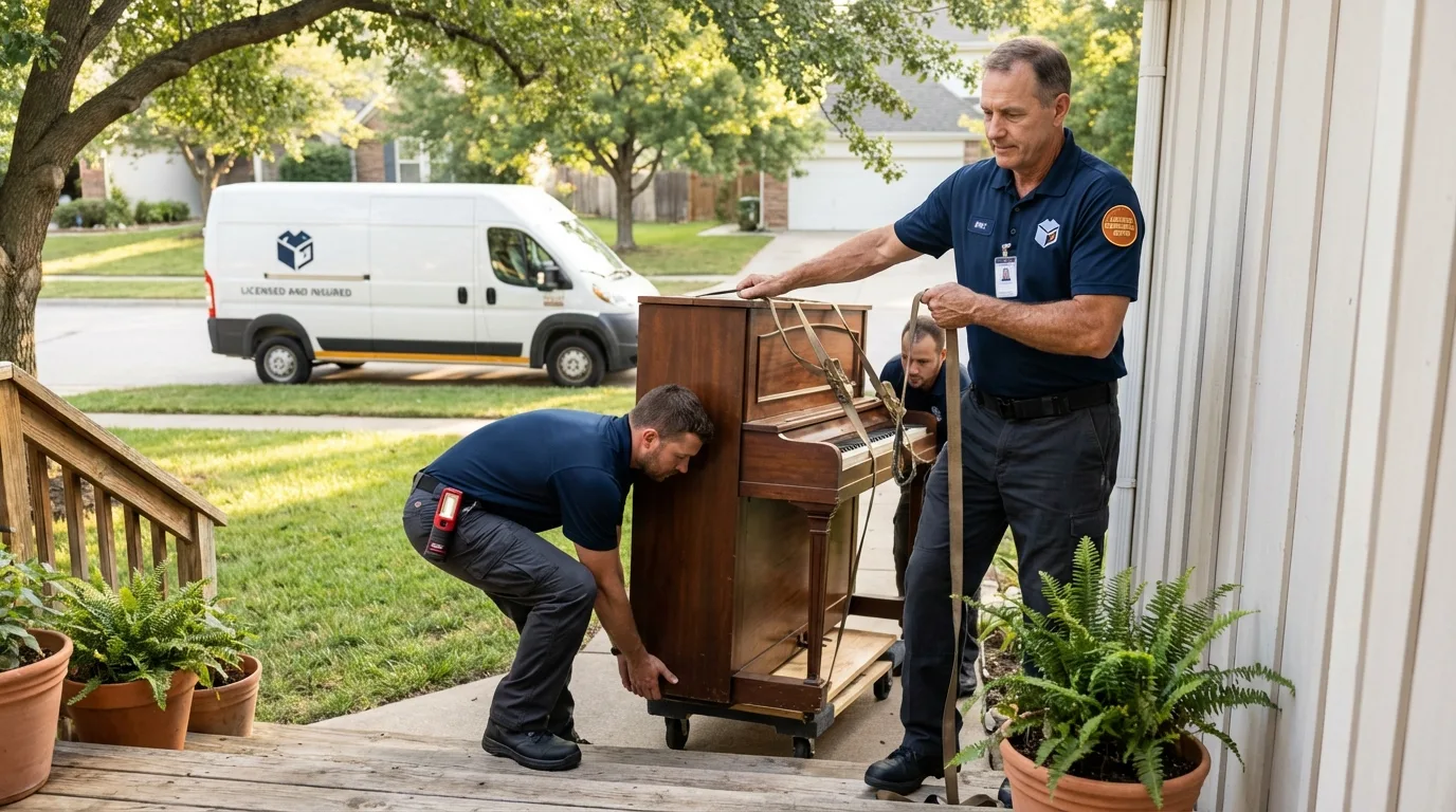 Licensed piano movers securing grand piano in Columbus Grove, OH