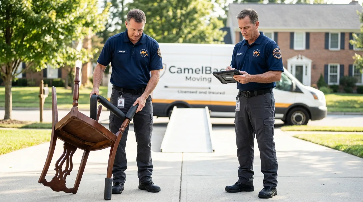Movers inspecting furniture for damage prevention before loading in Columbus Grove, OH
