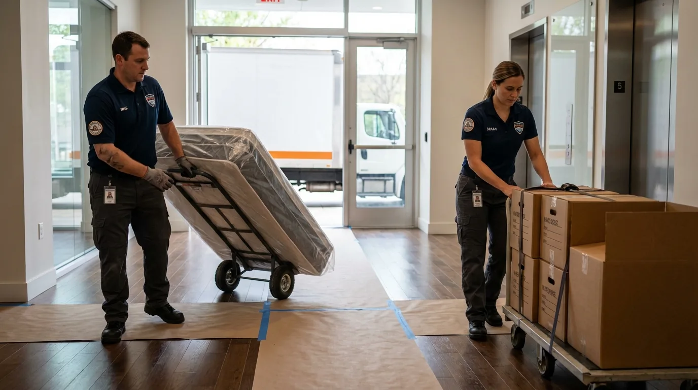 Professional apartment movers loading elevator in Columbus Grove, OH