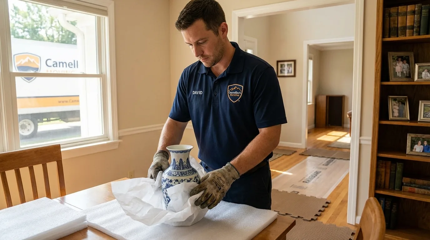 Professional crew carefully wrapping antique vase for senior downsizing move in Columbus Grove, OH